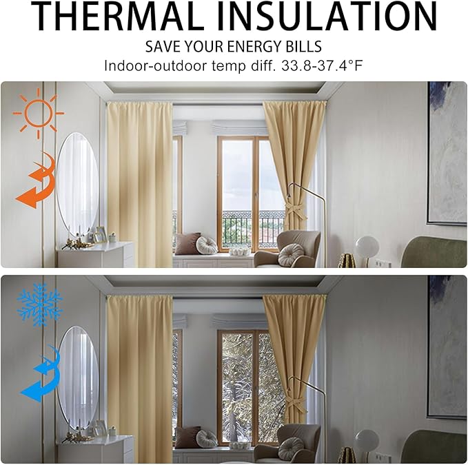 JIUZHEN Blackout Curtains for Bedroom - 60 Inch Extra Wide Thermal Insulated Room Darkening Privacy Soundproof Curtains for Living Room/Dorm Room, Set of 2 Panels, 60 x 63 inches,Light Beige