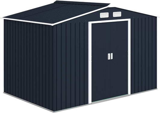 Outsunny 9' x 6' Outdoor Storage Shed, Garden Tool Metal Shed with Foundation Kit, Double Lockable Door, Air Vents and Sloping Roof, for Backyard, Patio, Lawn, Dark Gray