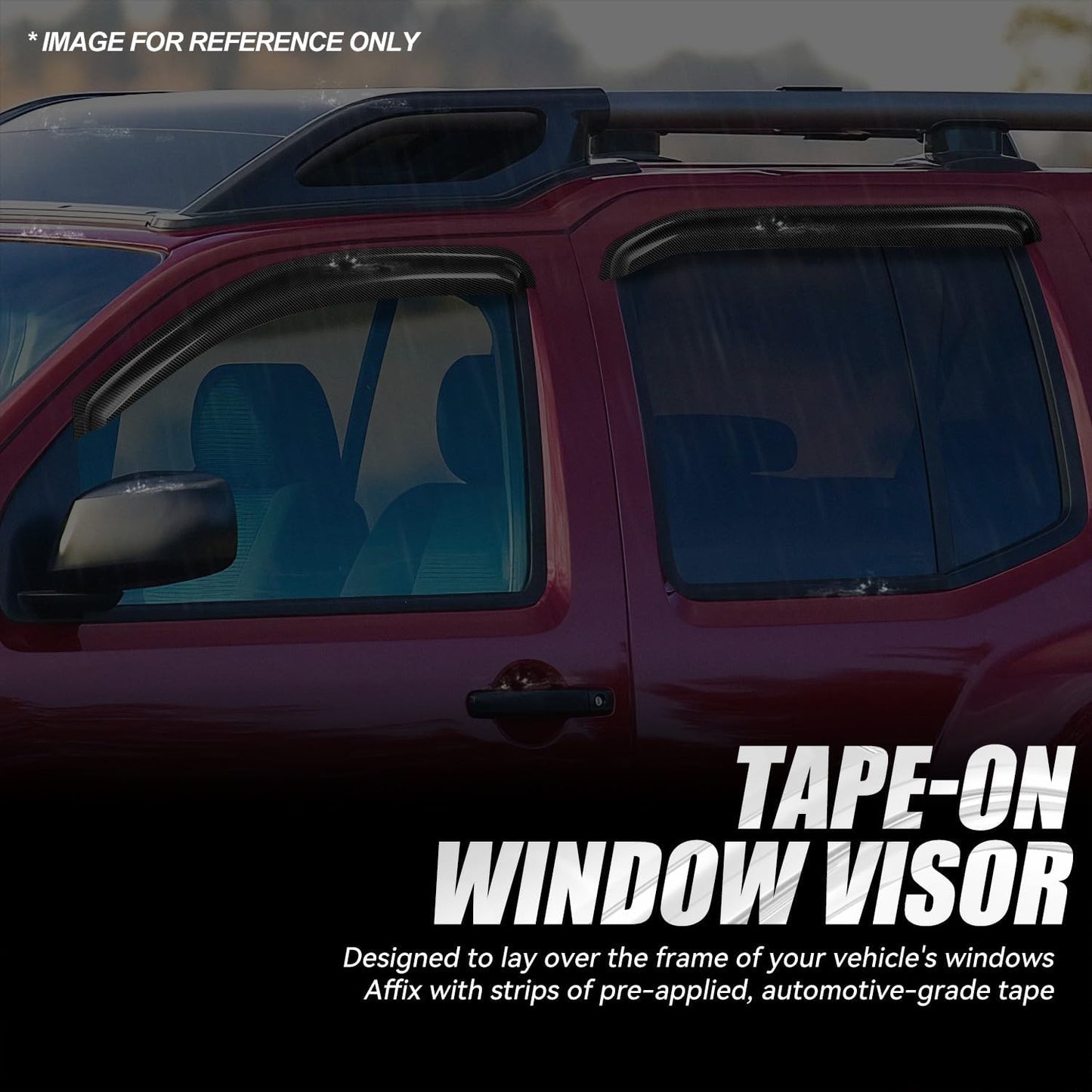 Auto Dynasty 4Pcs Carbon Fiber Pattern Window Visors Compatible with 2005-2015 Nissan Xterra, Tape-On Front & Rear Window Deflectors Rain Guards Sun Wind Air Side Vent Shade, Glossy Black