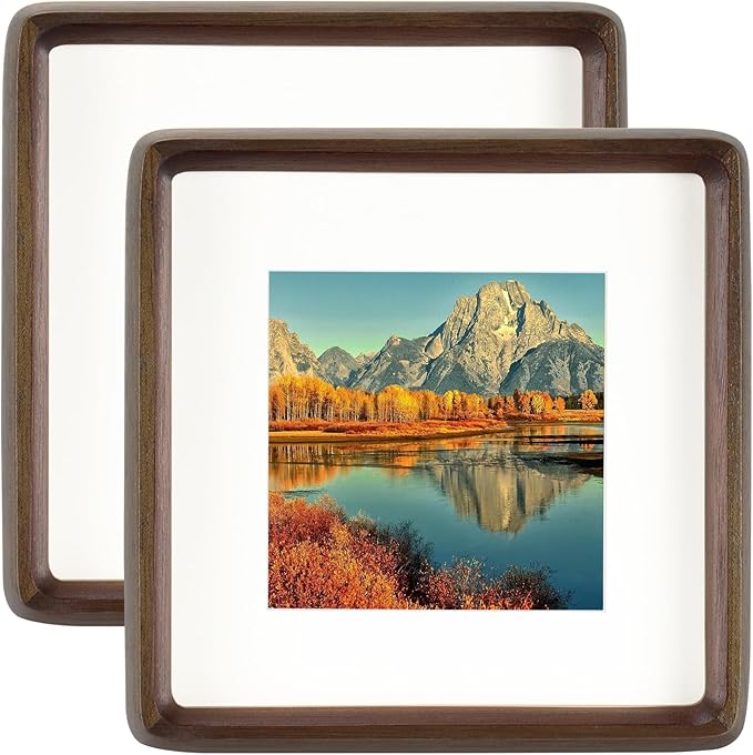 HELPLEX 6x6 Matted to 4x4 Square Picture Frame Set of 2 - Natural Walnut Wood with HD Tempered Glass, Convertible Design for Wall or Tabletop Display - Art Gallery & Luxury Home Office Decor