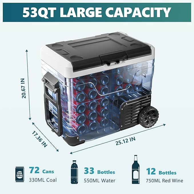 EUHOMY 12 Volt Refrigerator, 53QT(50L) Electric Cooler, Portable Freezer 12V/24V DC 100-240V AC, 12V Fridge -4℉~68℉, 12V Cooler with Wheels & 2 Baskets for Travel, Truck, Boat, Camping