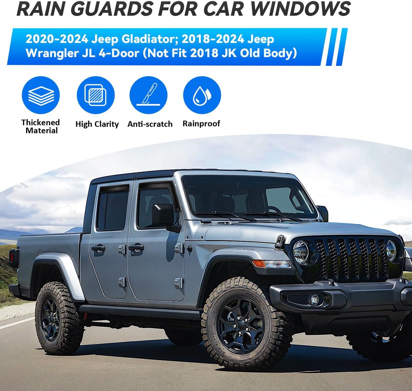 4pcs Front+Rear Smoke Tint Sun/Rain Guard Outside Mount Tape-On Vent Window Visors Compatible with 2020-2024 Jeep Gladiator 2018-2024 Jeep Wrangler JL 4-Door