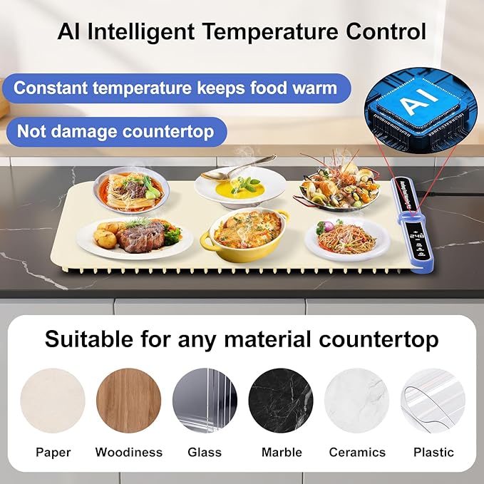 2025 Upgrade Silicone Large Warming Mat for Food,Countertop,Parties,Buffet Silicone AI Electric Plateful Food Warmer Mat 9-Level PreciseTemp Control 6-Level Timer/Rolled-up/Safe Lock-Beige