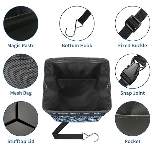 Car Trash Can Vintage Indian Paisley Navy Blue Auto Garbage Bag Car Trash Can with Lid Leak-Proof Car Storage Bag Garbage can Hanging for Headrest Collapsible and Portable with Storage Mesh Pocket