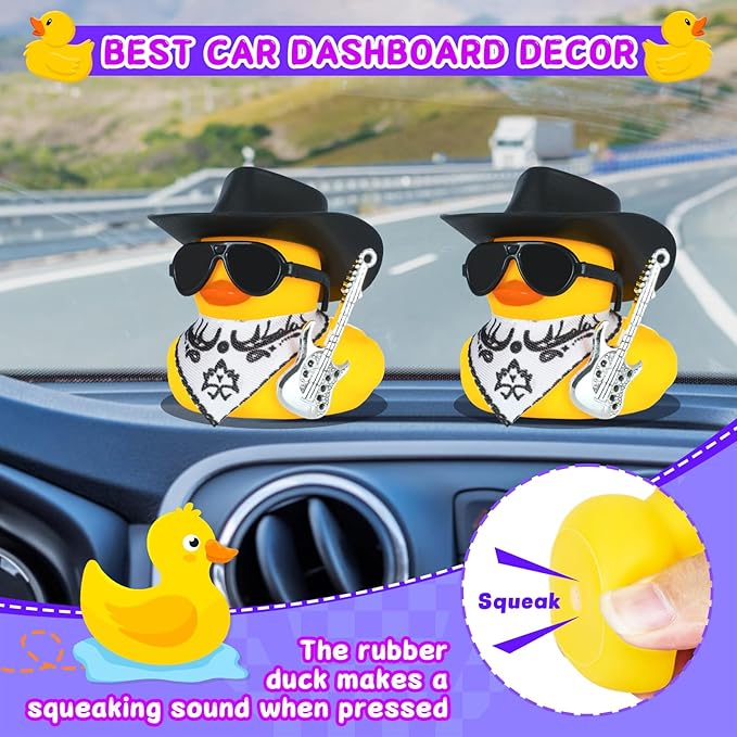 Funny Guitar Rubber Duck with Cowboy Hat & Accessories - Rubber Duck Car Ornaments & Home Decor - Multi-Use Dashboard Duck Gift for Adults, Car Lovers