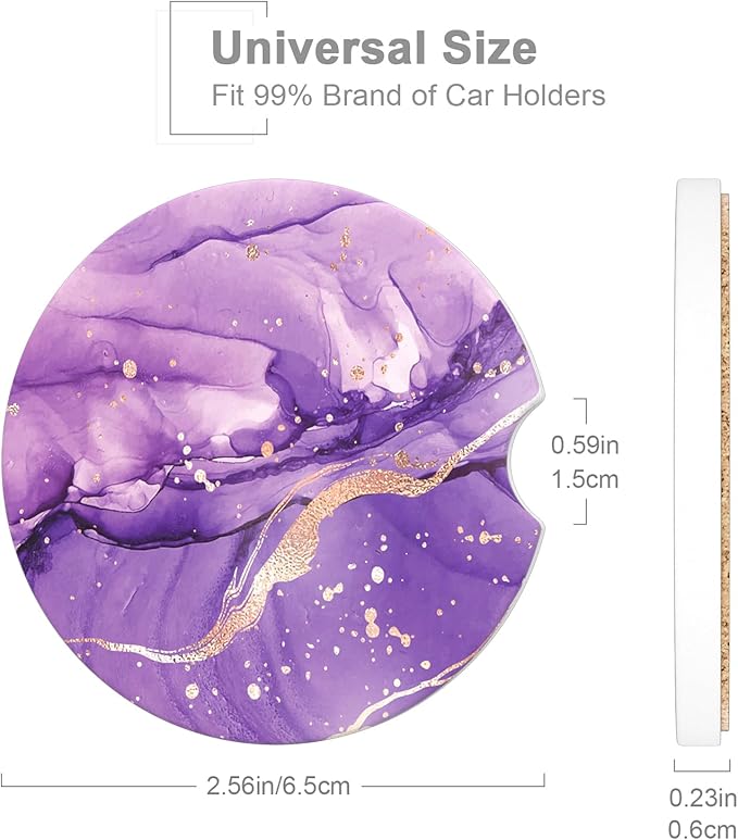 Car Cup Holder Coaster, Car Coasters for Cup Holders, 2 Pack Universal Anti Slip Insert Absorbent Ceramic Auto Interior Accessories with A Finger Notch & Cork Base, Purple Marble