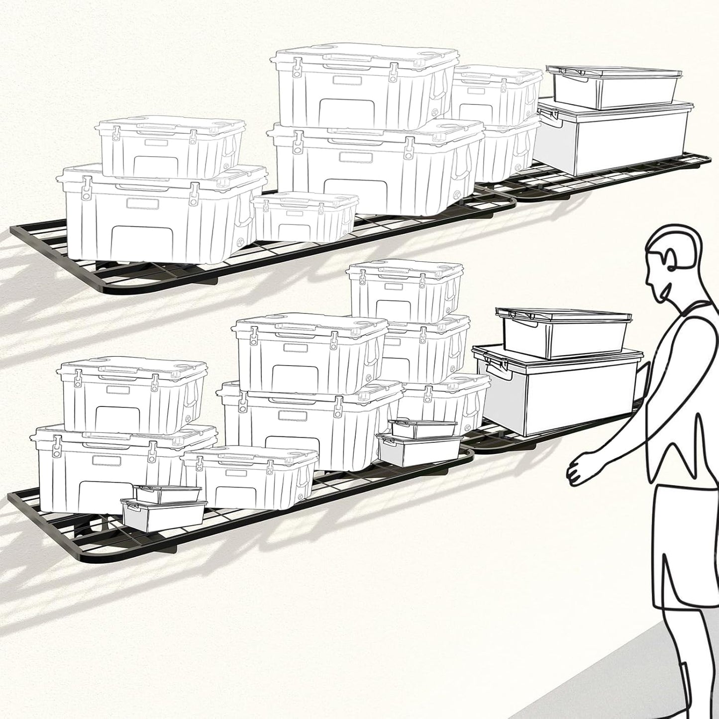 4-Pack 2x4ft Garage Wall Shelving, 4 Shelf Total 16 ft(L) Garage Shelving Wall Mounted, Heavy-Duty Storage Shelves, Perfect for Holding Storage Bins, Sporting Goods, Tools, and More Space-Saving