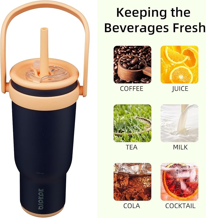 BJPKPK 40 OZ Insulated Travel Tumbler with Handle and Straw, Stainless Steel Water Bottle, Double Wall Vacuum Insulated Mug, for Work, Car, Travel, Navy Blue