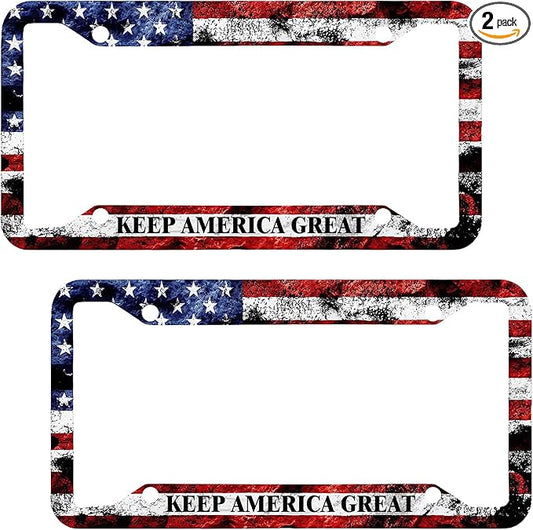 American Flag License Plate Frame Holder, 2 Pack KAG Patriotic USA Flag License Plates, Aluminum Metal License Plate Holder Covers for US Standard Vehicles with 4 Holes 4 Screws