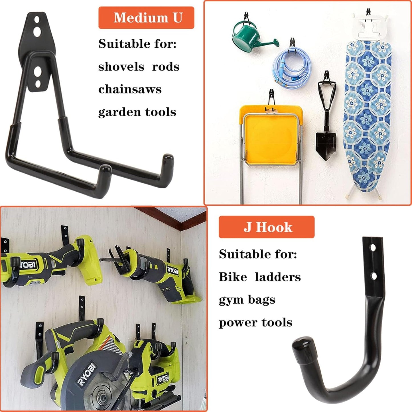 TocTen Garage Hooks, 14 Pack Garage Storage Hook Heavy Duty Solid Steel Wall Hooks, Wall Mount Storage Hook Kit with Anti-Slip Coating Ladder Hooks for Hanging Garden Tools Chair Hose Ropes (Black)