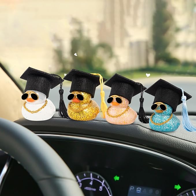 wonuu Car Dashboard Decor Graduation Hat Color Rubber Duck, Car Ducks Ornaments with Mini Graduation Hat Necklace Sunglasses (Brown)
