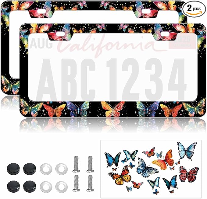 2pcs Hand Drawn Colorful Butterflies License Plate Frame for Women, Designer Red Blue Butterfly car tag Frames Girly for Vehicle with Non Adhesive Electrostatic Sticker