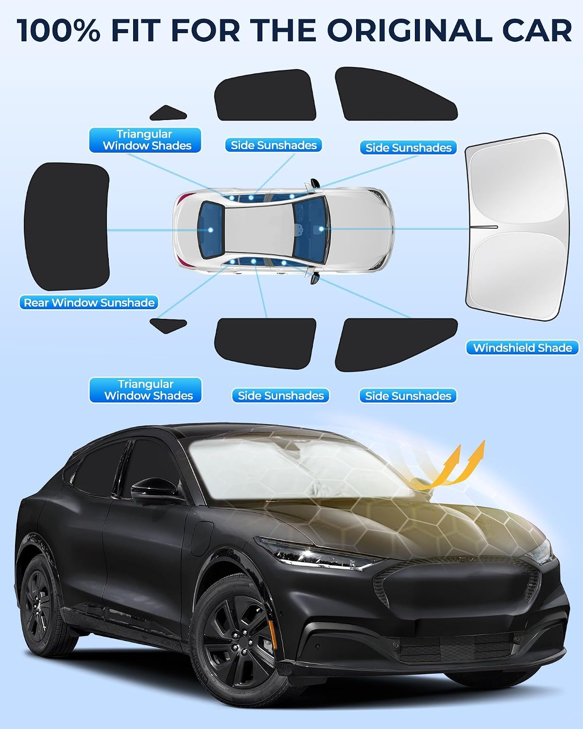 for Ford Mustang Mach-E 2021-2025 Car Window Shades, 8pcs Privacy Sun Shade Set for Front Windshield Side and Rear Windows, Full Window Covers Keeps Vehicle Cool for Camping Napping