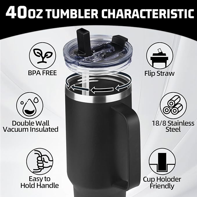 40 oz Tumbler with Handle and Flip Straw, 100% Leakproof Insulated Tumbler with Lid and Straw, Stainless Steel Travel Coffee Mug, Insulated Coffee Thermal Cup for Cold and Hot (Black)