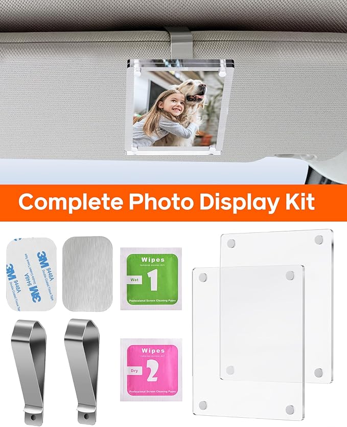 2Pcs Large Magnetic Car Visor Photo Holder - Strong Clip-On Frames for 3.5"x4.4" Photos - Durable Acrylic Visor Clip Photo Frame for Family & Pets - Secure Photo Car Visor Clip Accessories Gift