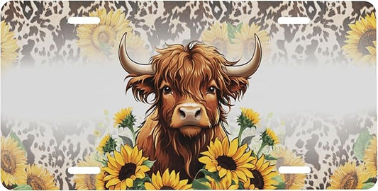 Front License Plate Highland Cattle Sunflower Vanity Plates Aluminum Metal Decorative Car Tag Brown Cow Print Novelty License Plate Cover for Men Women ‎6 * 12 in (4 Holes)