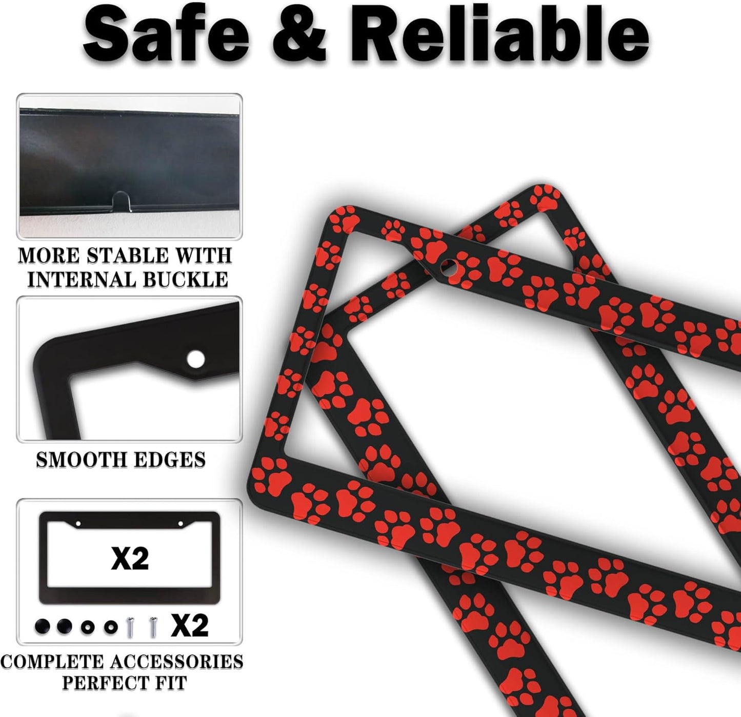 Custom License Plate Frame Black and Red License Plate Frames Animal Dog Paw Aluminum Metal Car Accessory 2 Pack with Screw Covers Set