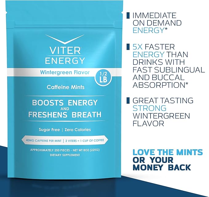 Viter Energy 40mg Caffeine Mints - Sugar Free, B Vitamins, Vegan, Boosts Fast Energized Alert Focus, Caffeinated Nootropic Supplement Pills (Wintergreen Flavor, 8oz, Bulk Bag)