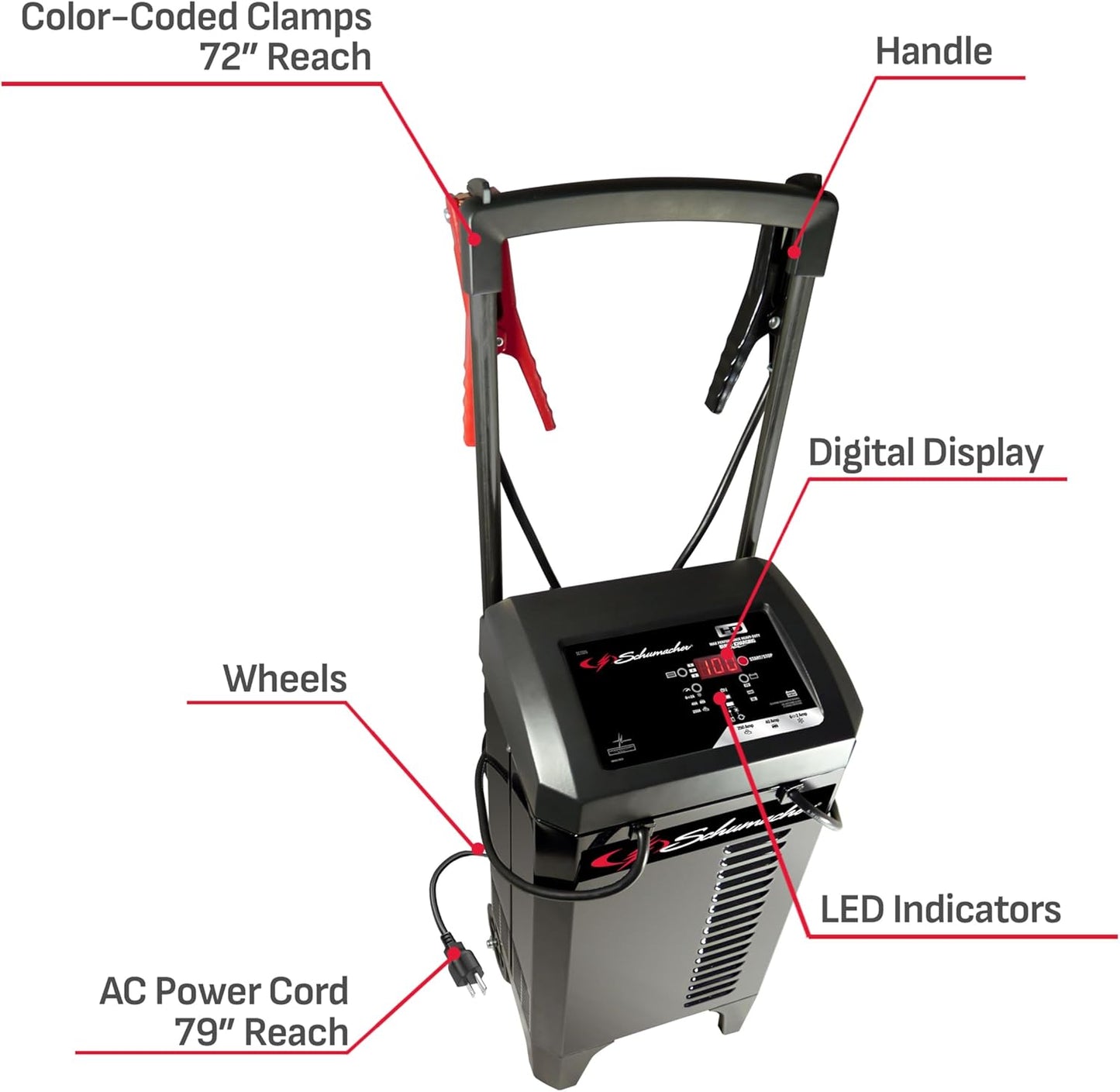 Schumacher Electric Wheeled Battery Charger and Engine Starter, SC1325, 4-in-1, Fully Automatic, 250 Amps, 40 Amp Boost Mode, 6 Volt, 12 Volt, for Car, Truck, and Marine Batteries