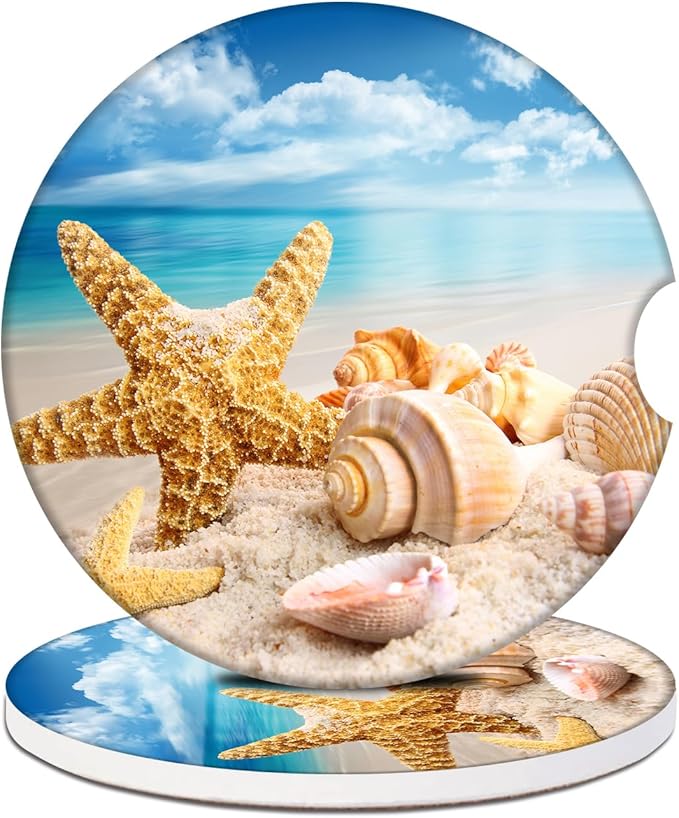 2 Pack Car Cup Holder Coasters - Sea Beach Shell Starfish Absorbent Ceramic Coaster, Car Coasters for Cup Holders, Car Interior Accessories for Women Men