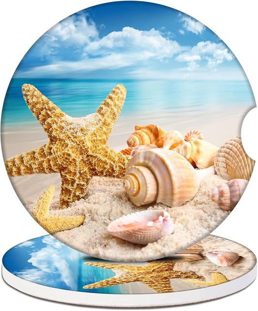 2 Pack Car Cup Holder Coasters - Sea Beach Shell Starfish Absorbent Ceramic Coaster, Car Coasters for Cup Holders, Car Interior Accessories for Women Men