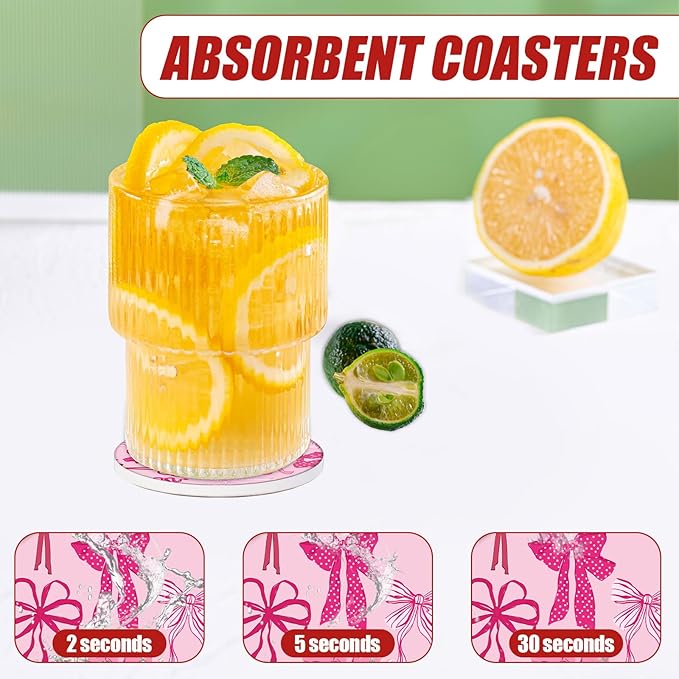 Pink Bow Car Coasters for Cup Holders, Absorbent Ceramic Car Coaster Car Cup Holder Coaster Car Accessories for Women Men (2 Pack)