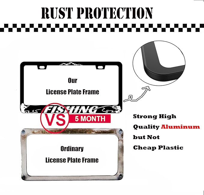 Fishing License Plate Frame Set - Black Thin Front Car Tag Frame 2 Holes for Auto Decorative Gift