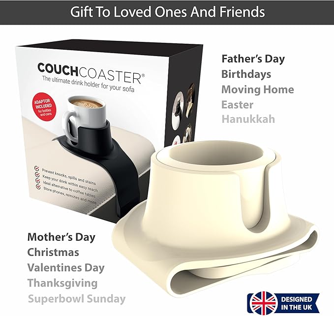HIT PRODUCTS CouchCoaster® - Original & Patented Armrest Couch Cup Holder, Cool Cream - A Weighted, Silicone, Anti Slip Coaster Stops Spills On Your Sofa, Armchair Or Recliner & Keeps Drinks in Reach