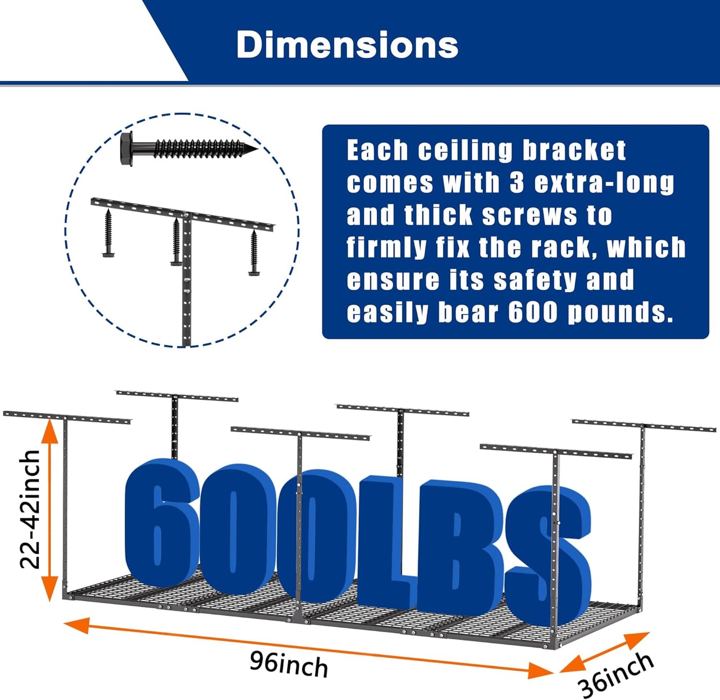 GIOTORENT 3x8FT Heavy Duty Overhead Garage Storage Rack - Adjustable Ceiling Shelving with 600lbs Weight Capacity, Metal Garage Organization System, Black