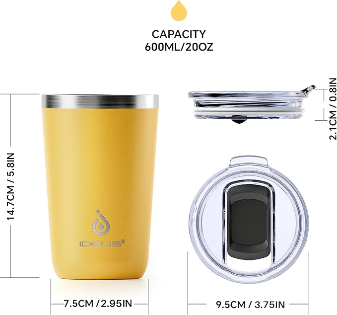 Ideus 20 oz Tumbler, Travel Coffee Mug with Splash Proof Sliding Lid, Double Wall Stainless Steel Vacuum Insulated Coffee Mug for Home and Office, Keep Beverages Hot or Cold (Light Yellow)