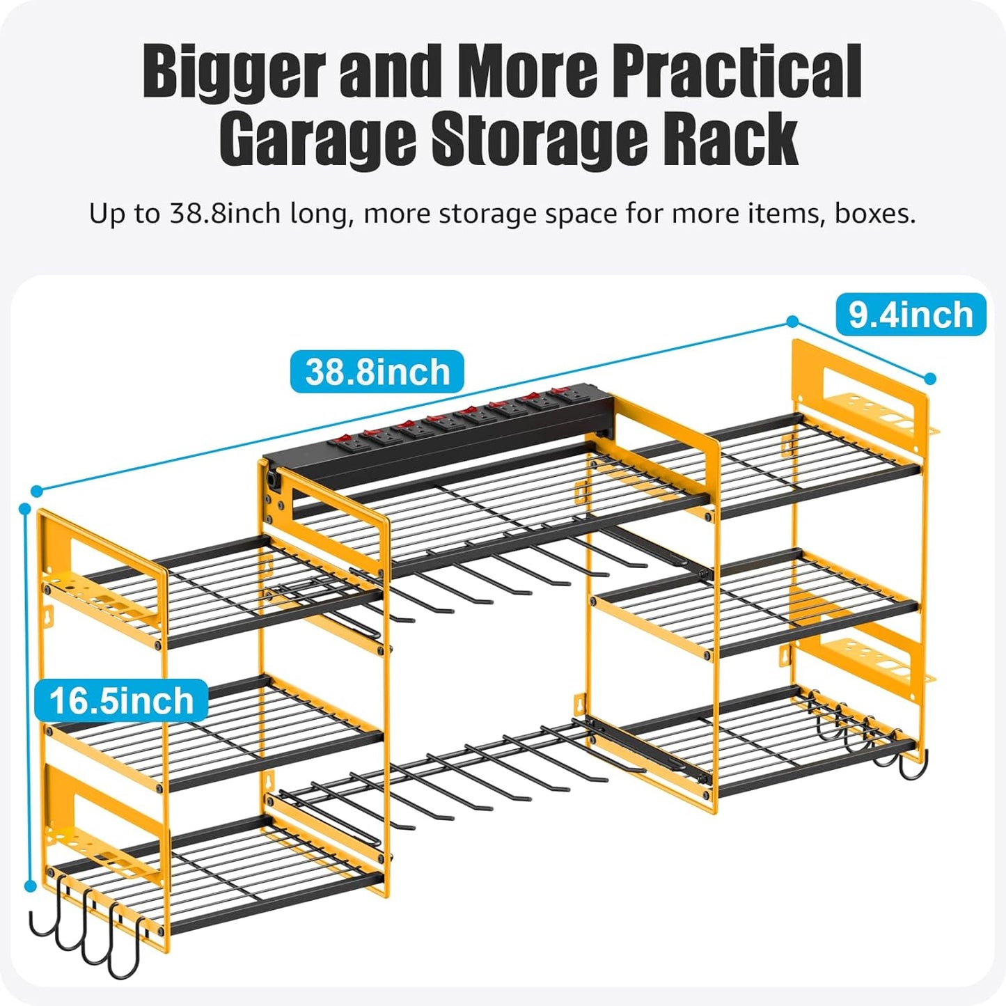 CCCEI Yellow Power Tool Organizer Wall Mount, Large Tools and Battery Storage Rack Charging Station Individual Switches. Drills Holder, Garage Utility Shelves with 6FT Power Strip. Gift for Men.