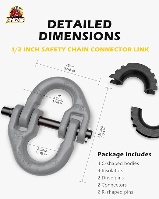 1/2 Safety Chain Connector Link, 12000lbs Capacity, 2pack Hammerlock Coupling Link for Trailer Chains Connect, G80 Drop Forged Alloy Steel Tow Hitch Safety Chain Connector Link, Grey