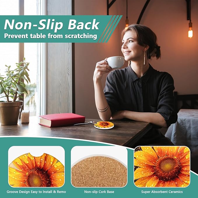 2 Pack Car Cup Holder Coasters - Sunflower Raindrops Absorbent Ceramic Coaster, Car Coasters for Cup Holders, Car Interior Accessories for Women Men