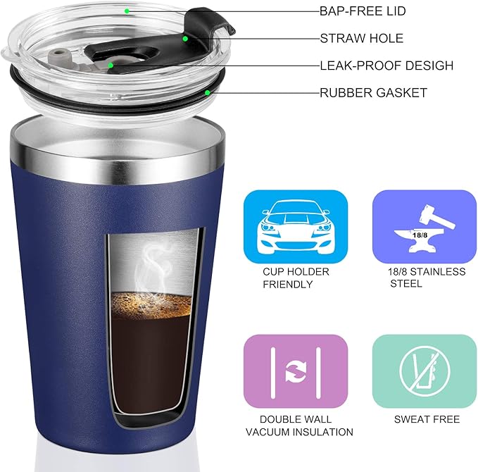 VEGOND 12oz Tumbler Stainless Steel Tumbler bulk Vacuum Insulated Double Wall Travel Tumbler with Lid and Straw Reusable Tumbler, Navy blue 1 Pack