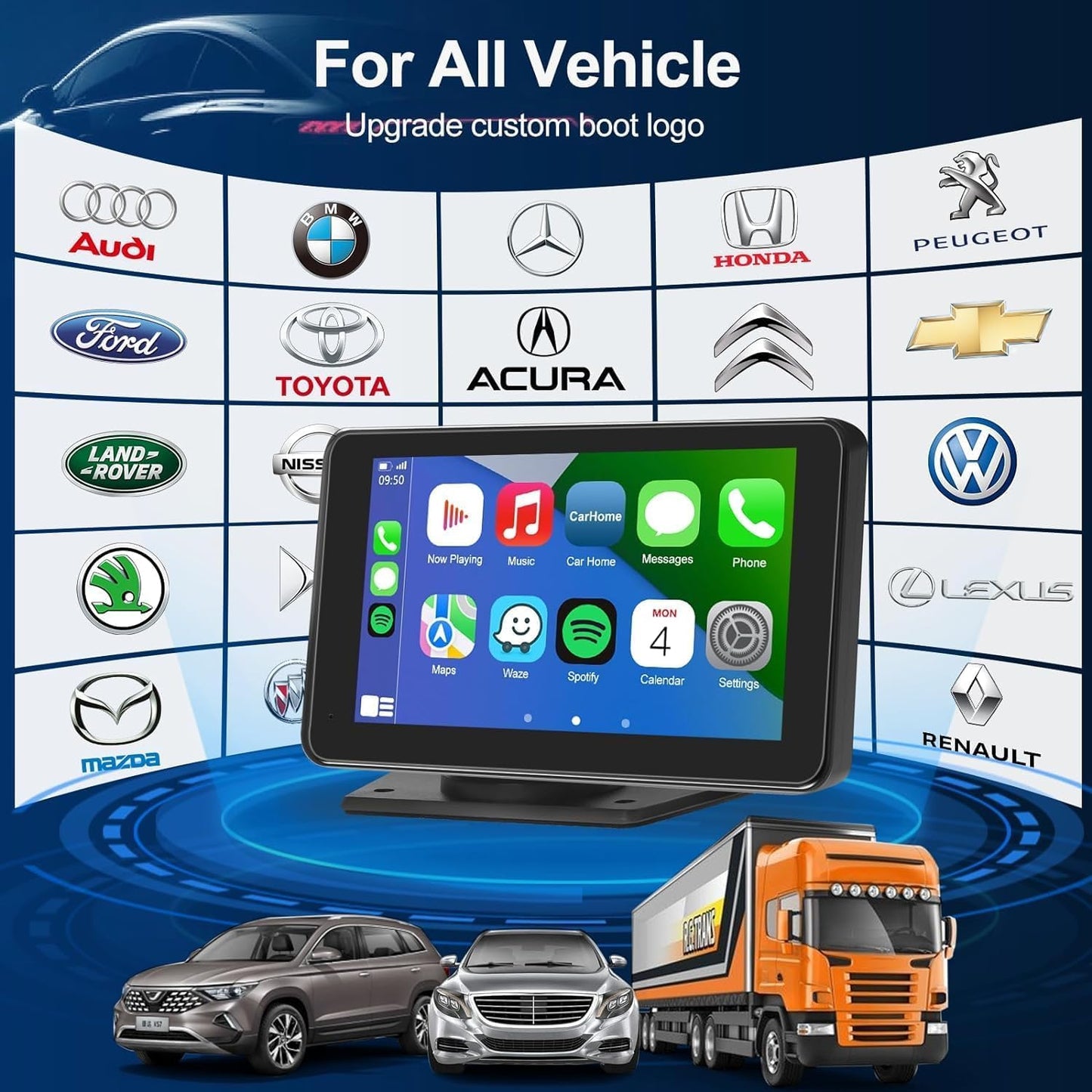 Portable Apple Carplay/Android Auto Screen for Car, 7 Inch HD Touch Screen Wireless Car Play with Backup Camera, Voice Control, BT, FM, Mirror Link for All Vehicle
