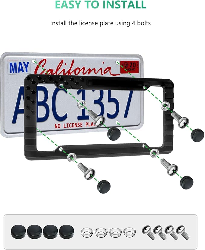 American Flag License Plate Frame 2 Pack - Patriotic USA 3D Embossed Stars and Stripes Design, Black Plastic Car Tag Holder with Keychain & Screws