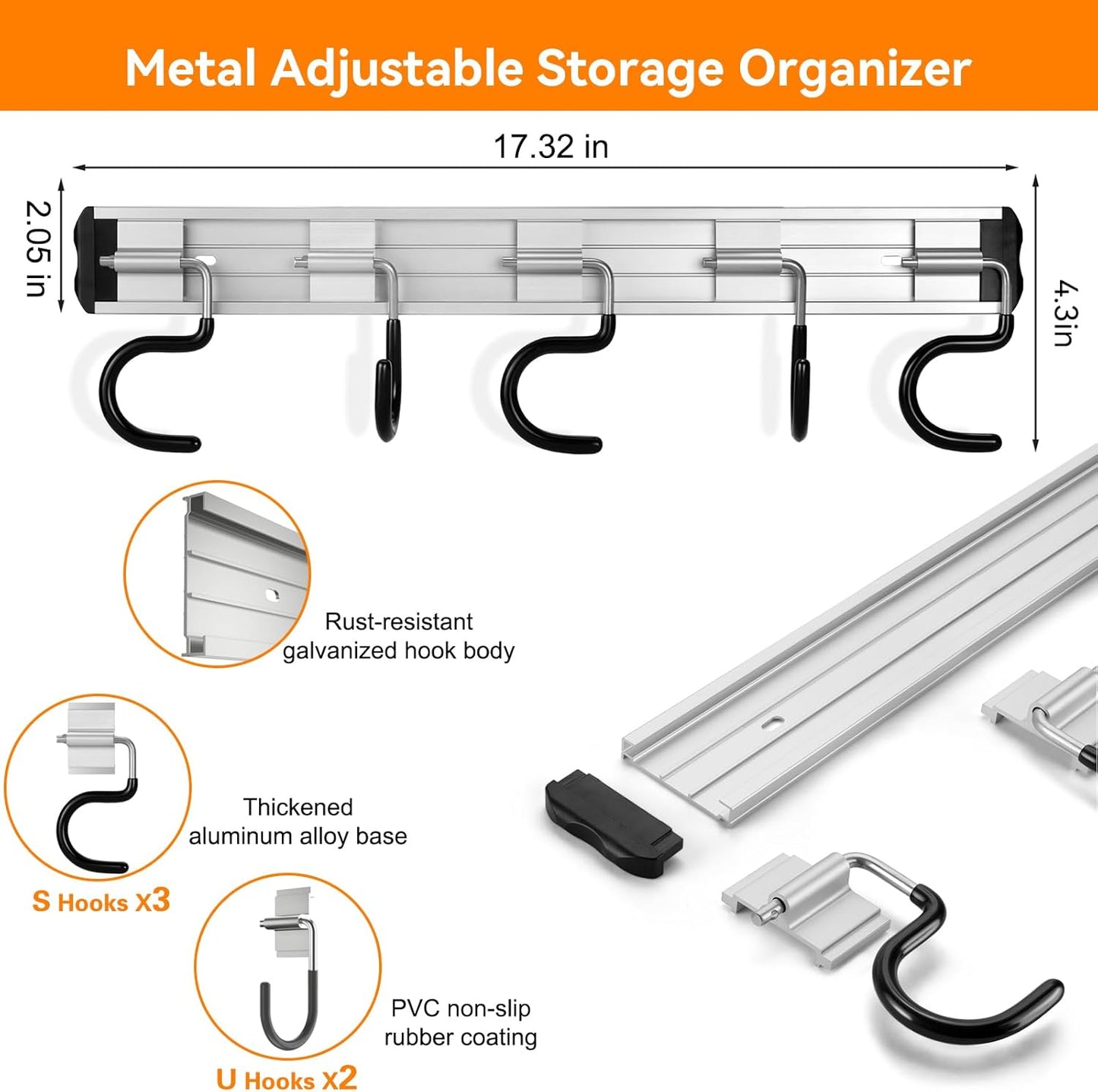 34.5'' Aluminum Alloy Garage Tool Organizer Hooks,Broom Holder Wall Mount, Adjustable Garden Wall Mount Holder for Hanging Shovel Broom Rake Bulk Items and More