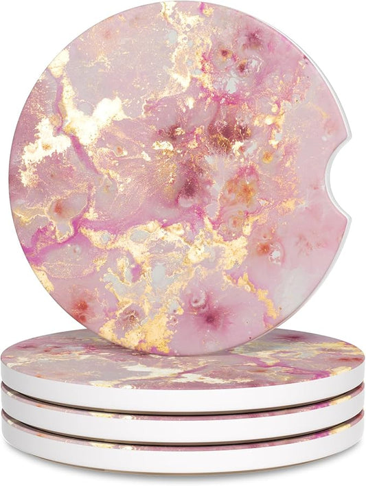 Car Cup Holder Coaster, Car Coasters for Cup Holders, 4 Pack Universal Anti Slip Insert Absorbent Ceramic Auto Interior Accessories with A Finger Notch & Cork Base, Golden Pink Marble