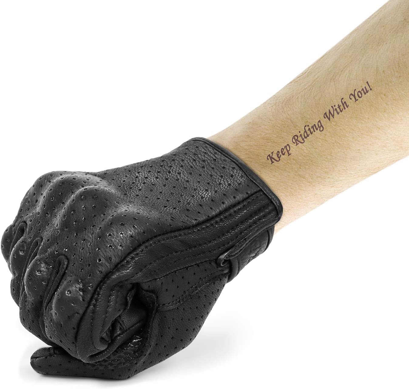 Updated Men’s Motorcycle Gloves Goatskin Leather Anti-Slip Street Bike Gloves with Two Touchscreen Fingers (Updated,Perforated, M)