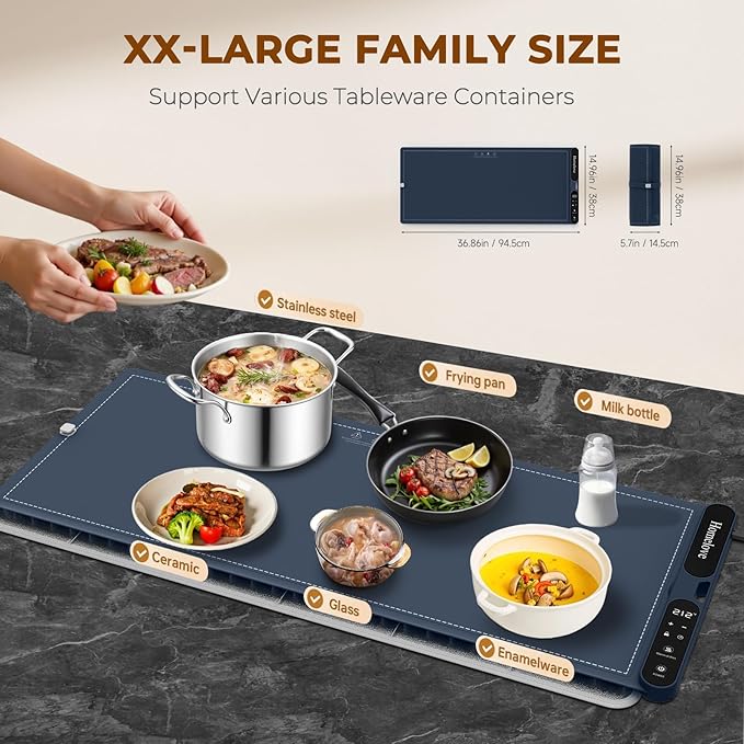Homelove Food Warming Mat for Parties Buffet - Full Surface Fast Heating Electric Warming Tray with 7 Temp-Settings & 8H Timer, Portable Roll Up Food Warmer with Heat Insulation Pad XXL-Navy