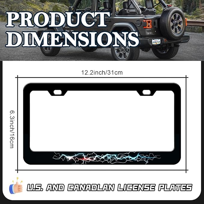Colorful Lightning License Plate Frames - 2 Pack Funny Thunder License Plate Holder, Stainless Steel Rust-Proof Waterproof Car Decorative Tag Frame with Screws Fasteners Caps