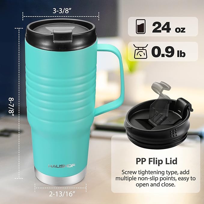 HAUSHOF 24 oz Travel Mug with Handle, Stainless Steel Vacuum Insulated Coffee, Double Wall Travel Mugs with Leakproof Lid, BPA Free