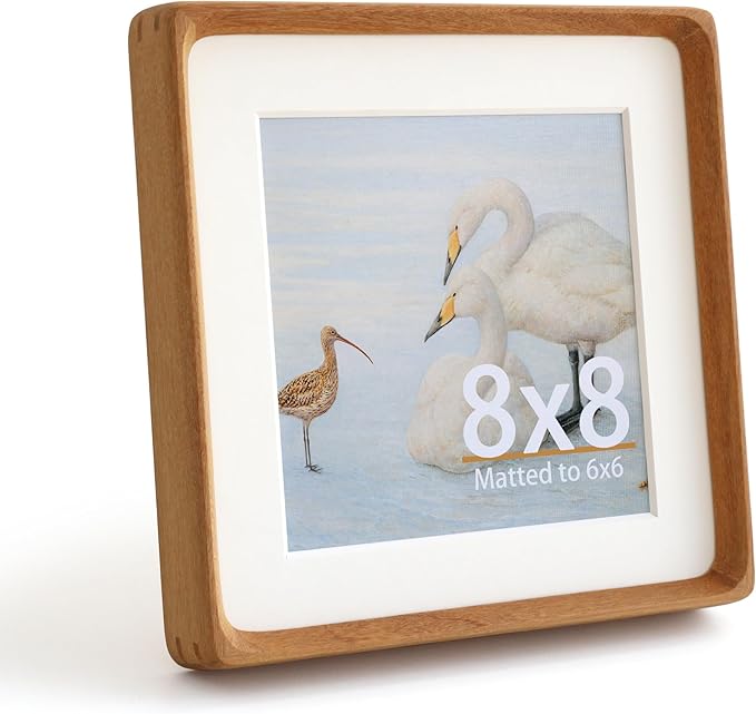 Natural 8x8 Picture Frame with Mat for Pictures 6x6, Square Standing Desk Photo Frame, Plexiglass,Solid Teak Wood，Tabletop and Wall Hanging