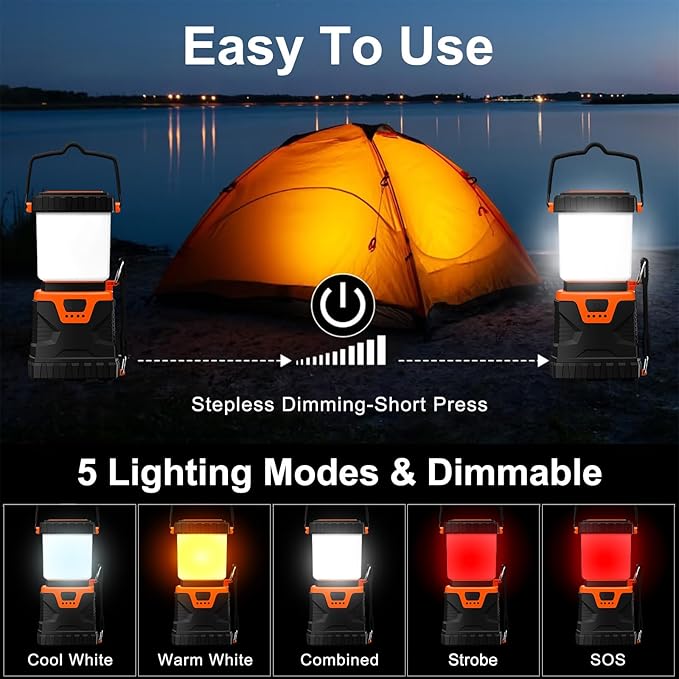 LED Camping Lantern Rechargeable,1000LM, Easy to Carry with 5 Ligth Modes, IP44 Waterproof Battery Powered Tent Flashlight for Power Outages, Hiking, Hurricane,Campsites, Emergencies (2-Pack)