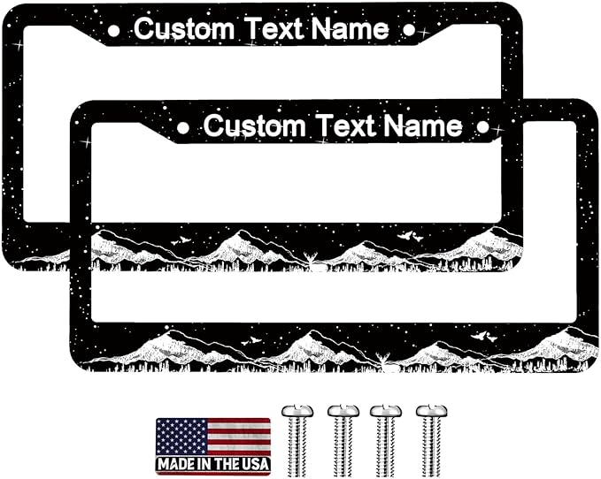 Custom License Plate Frame Adventure Mountains 2 Pack Personalized Add Text Black Custom License Plate Frame with Standard Us Canada Vehicles 12.3 X 6.3in