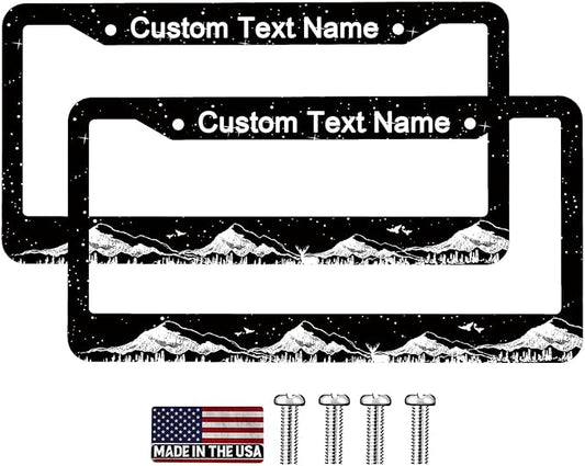 Custom License Plate Frame Adventure Mountains 2 Pack Personalized Add Text Black Custom License Plate Frame with Standard Us Canada Vehicles 12.3 X 6.3in