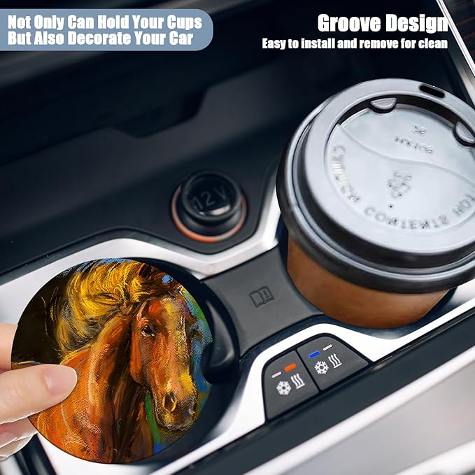 Car Cup Holder Coaster - Watercolor Horse Absorbent Ceramic Coaster 2 Pack, Car Coasters for Cup Holders, Fashion Car Interior Accessories Drink Coaster for Women & Men