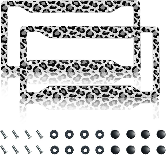 License Plate Frame 2 Pack Front Rear Aluminum Metal Rust-Proof Universal Car Tag Frames Holder with 4 Holes Car Decor Accessory with Screws for Men Women - Black Grey Leopard