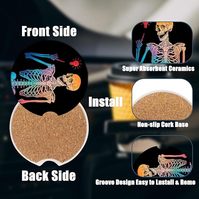 Car Cup Holder Coaster - Colorful Funny Skull Absorbent Ceramic Coaster 2 Pack, Car Coasters for Cup Holders, Fashion Car Interior Accessories Drink Coaster for Women & Men