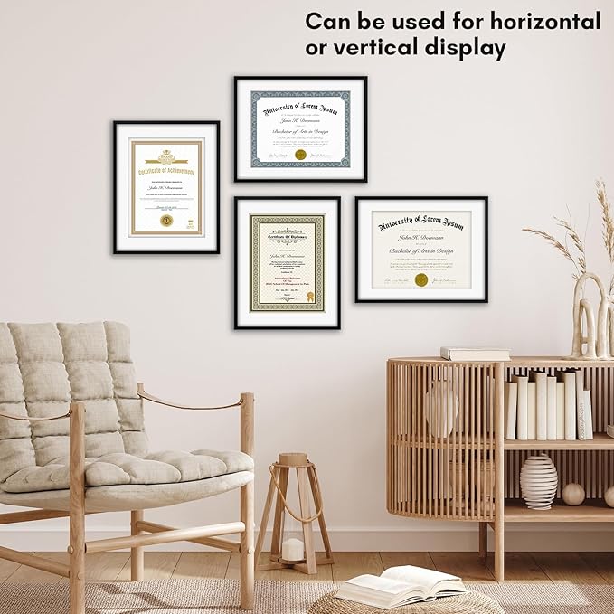 Americanflat 11x14 Diploma Frame with Shatter-Resistant Glass - Set of 4 - Use as 8.5x11 Frame with Mat or Display 11x14 Document Without Mat - Legacy Collection - Certificate Frames for Wall - Black